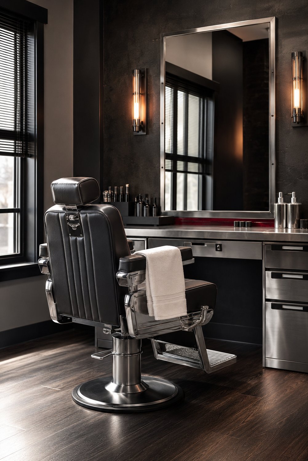 Barber chair and mirror station in the studio