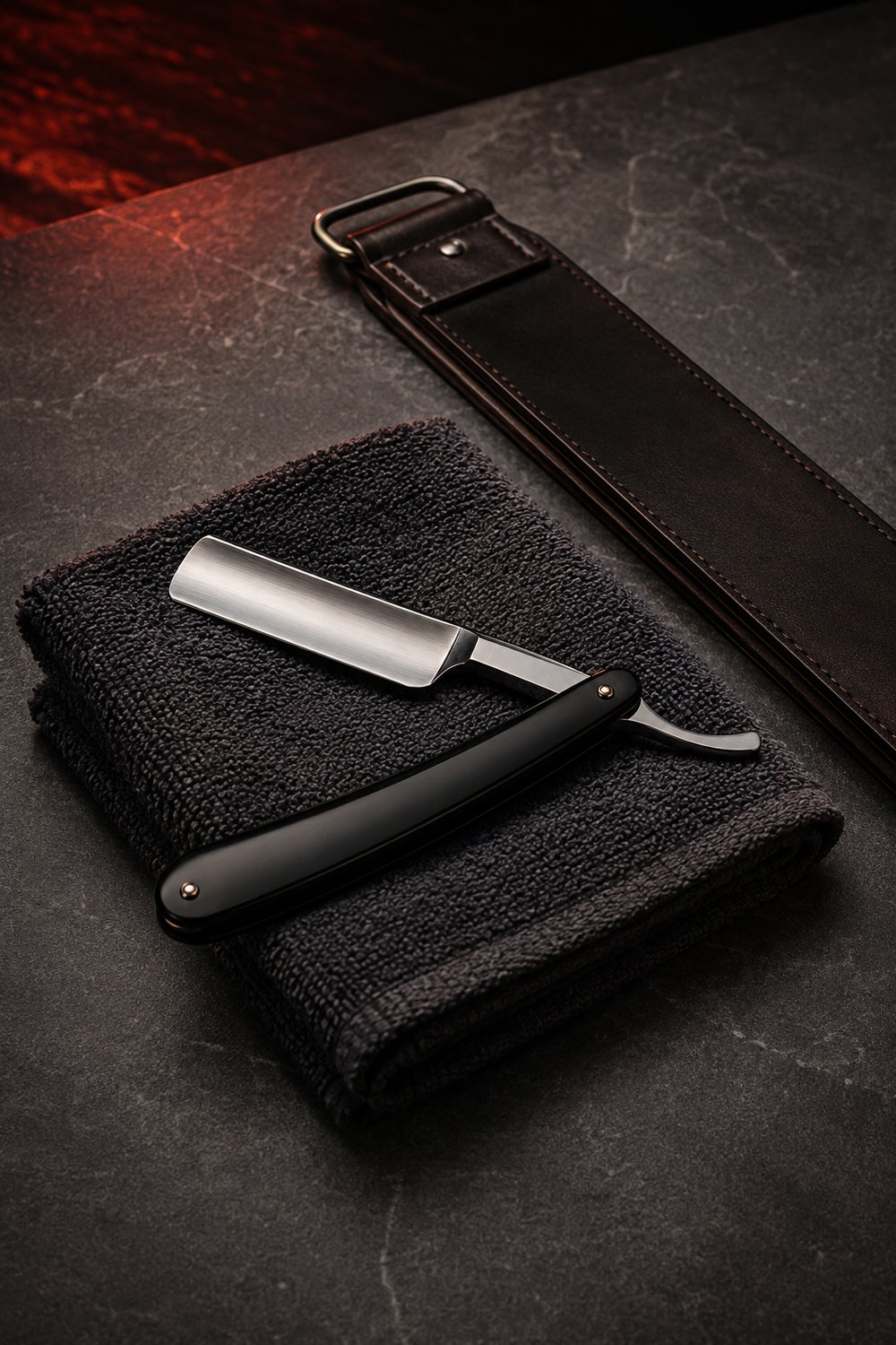 Straight razor and leather strop laid out for a shave
